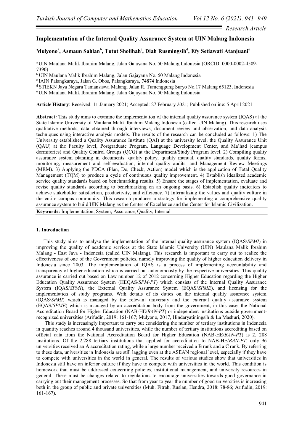 949 Research Article Implementation of the Internal Quality Assurance System at UIN Malang Indonesia