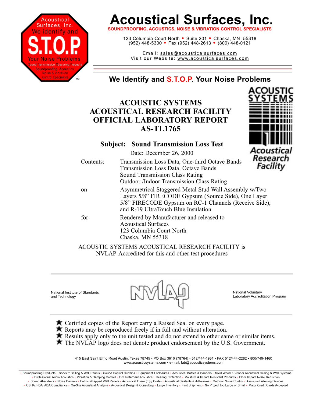 Sound Transmission Loss Test AS-TL1765