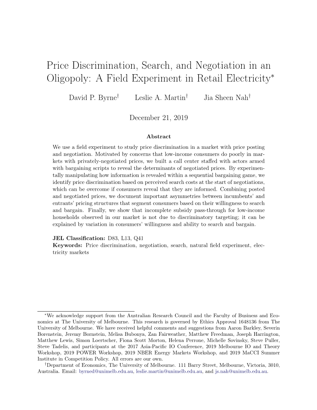 Price Discrimination, Search, and Negotiation in an Oligopoly: a Field Experiment in Retail Electricity∗