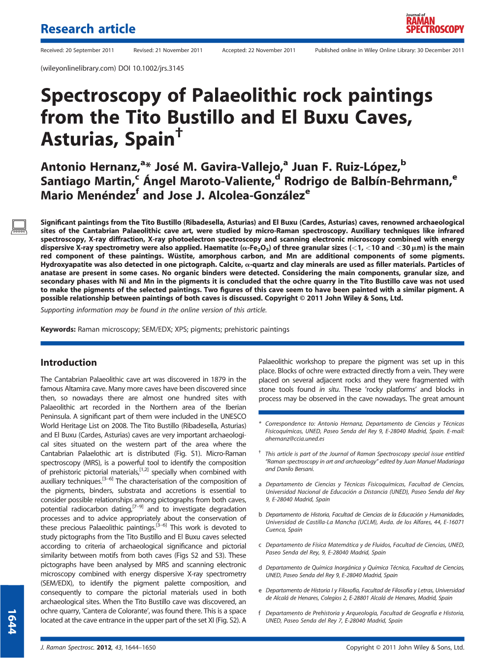 Spectroscopy of Palaeolithic Rock Paintings from the Tito Bustillo and El Buxu Caves, Asturias, Spain† Antonio Hernanz,A* José M