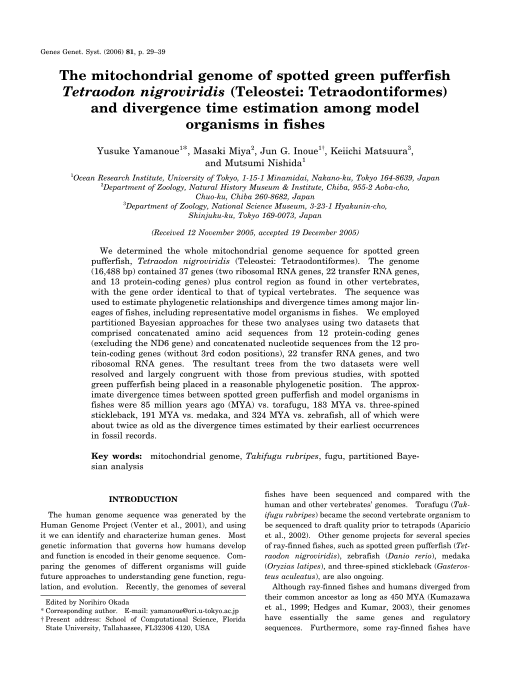 The Mitochondrial Genome of Spotted Green Pufferfish Tetraodon Nigroviridis