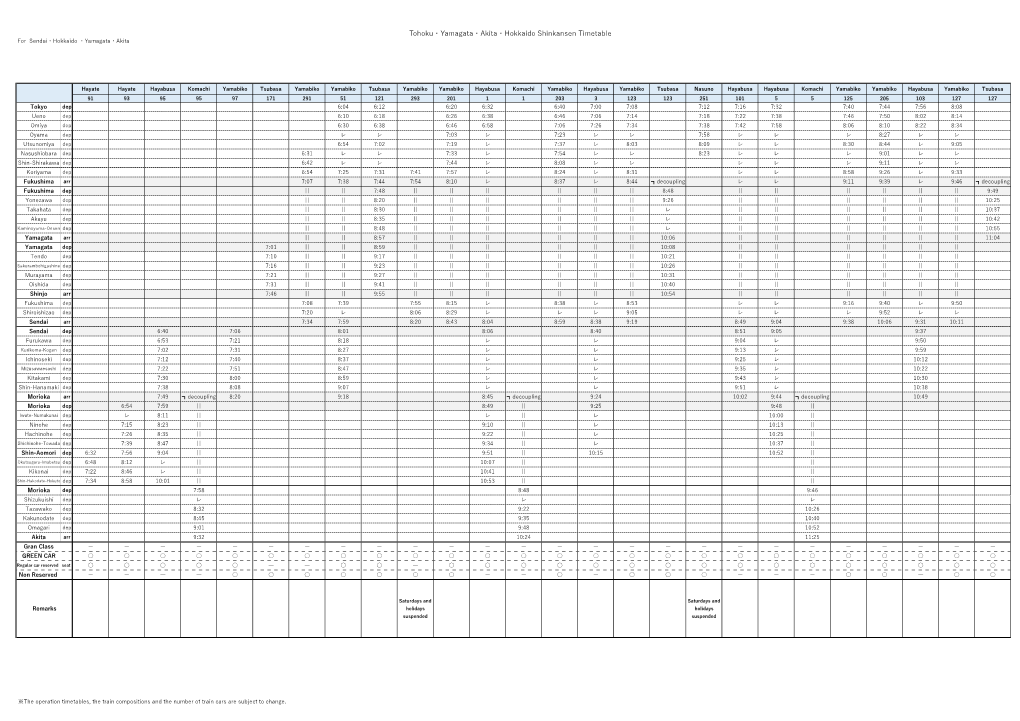 Tohoku・Yamagata・Akita・Hokkaido Shinkansen Timetable for Sendai・Hokkaido ・Yamagata・Akita