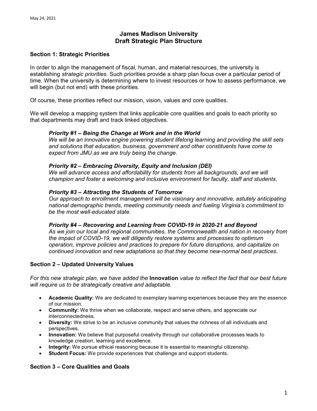 1 James Madison University Draft Strategic Plan Structure