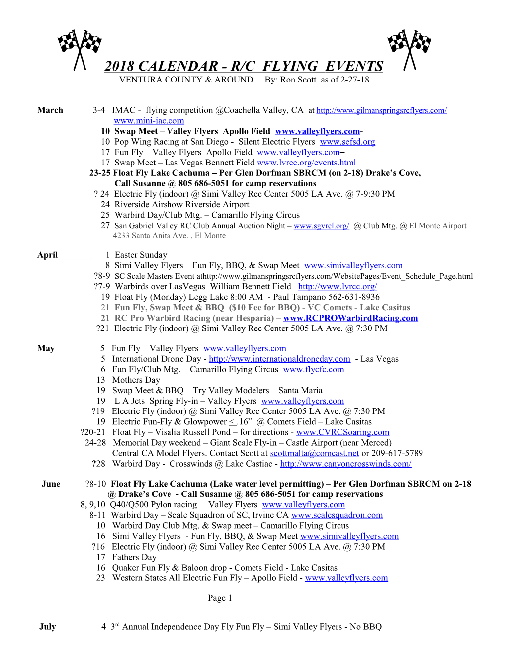 1996 Calendar R/C Flying Events