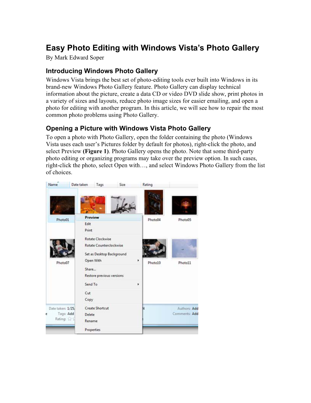 Easy Photo Editing with Windows Vista Photo Gallery