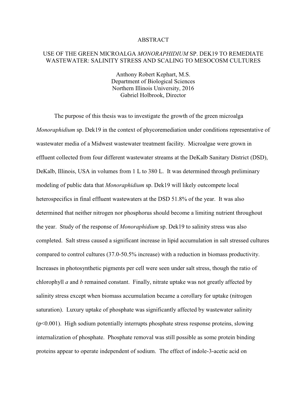 Abstract Use of the Green Microalga Monoraphidium Sp. Dek19 to Remediate Wastewater