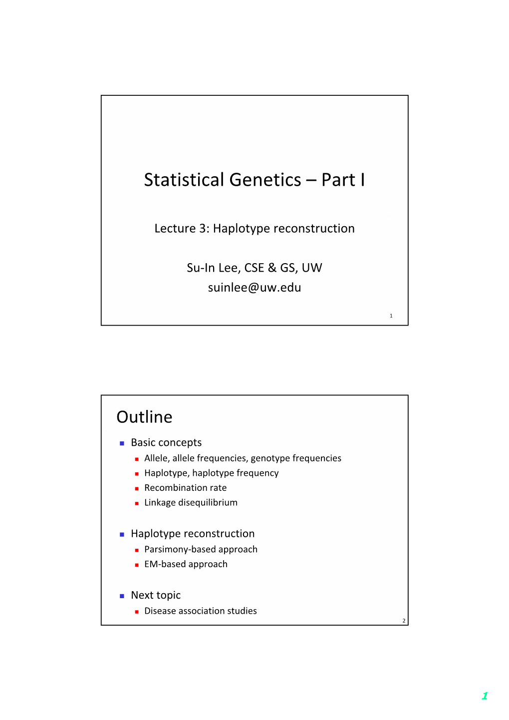 Statistical Genetics – Part I