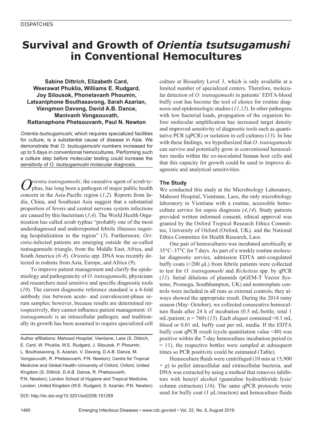 Orientia Tsutsugamushi in Conventional Hemocultures