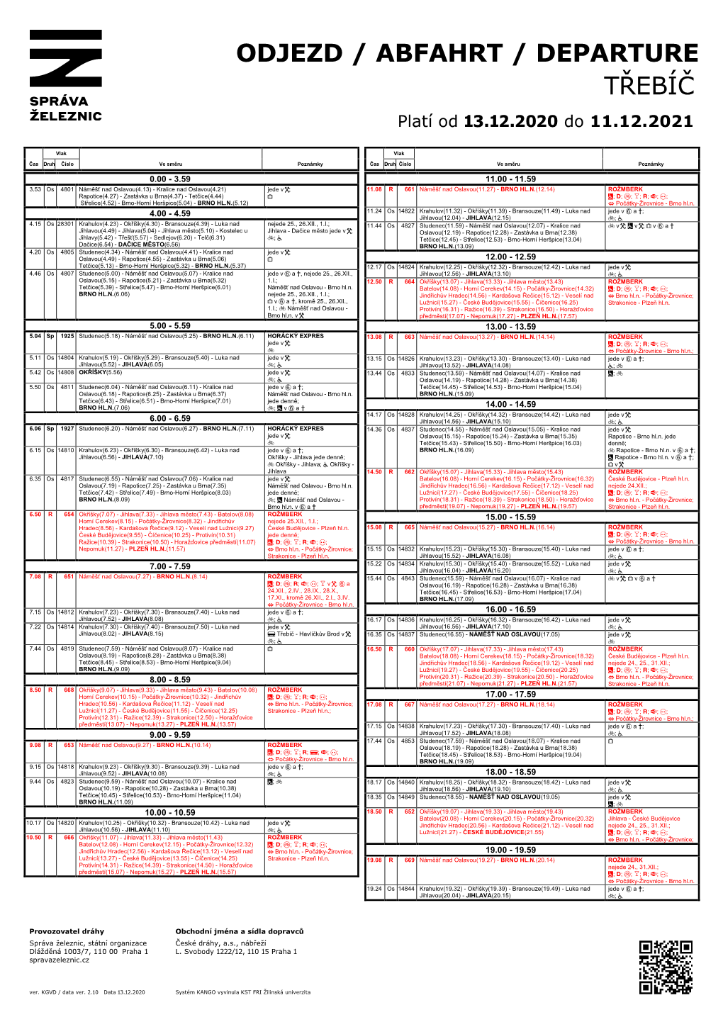 ODJEZD / ABFAHRT / DEPARTURE TŘEBÍČ Platí Od 13.12.2020 Do 11.12.2021