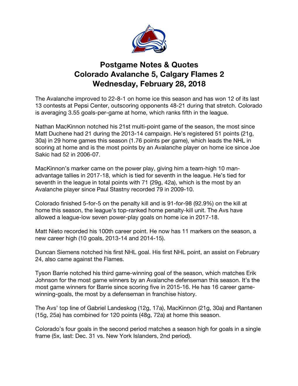 Postgame Notes & Quotes Colorado Avalanche 5, Calgary Flames 2