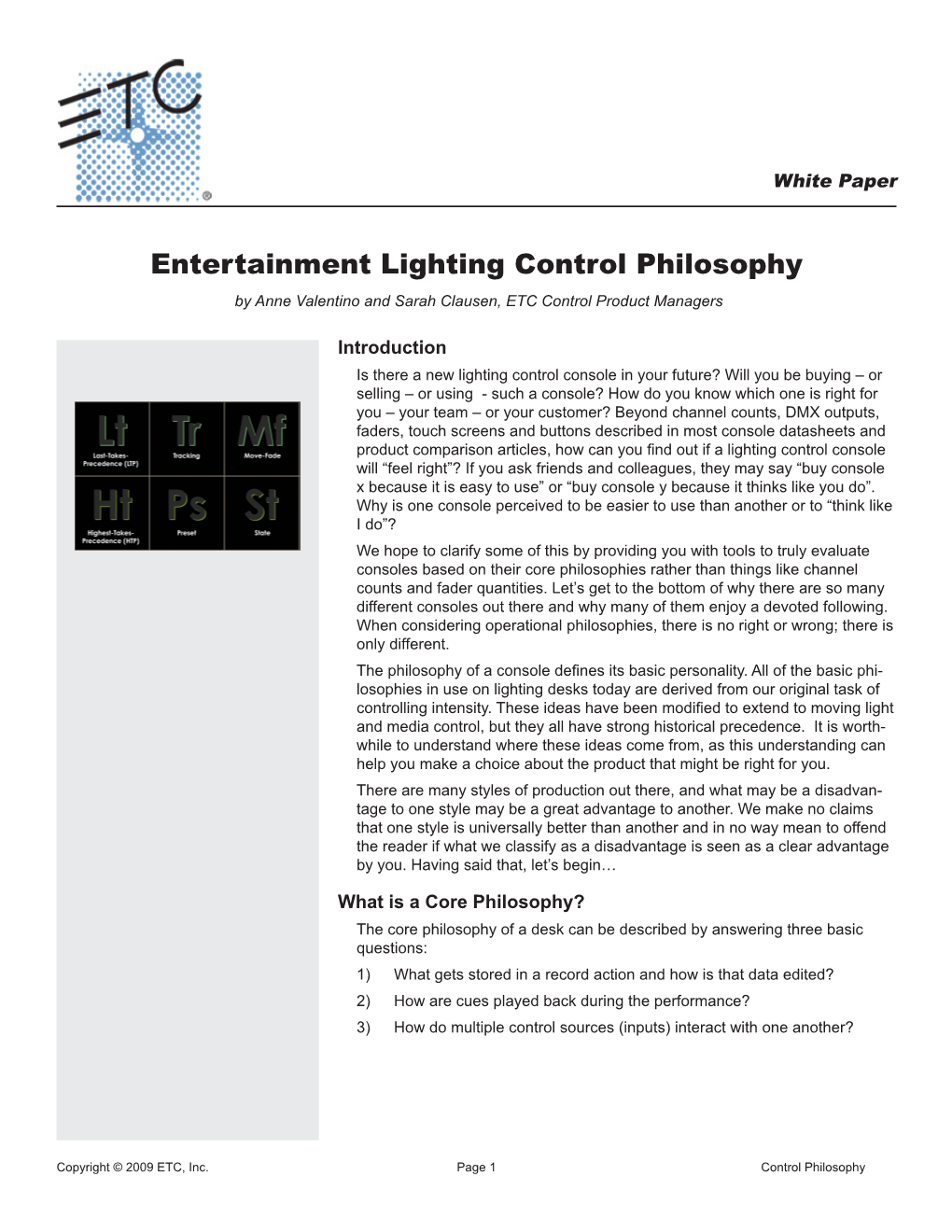 Entertainment Lighting Control Philosophy by Anne Valentino and Sarah Clausen, ETC Control Product Managers