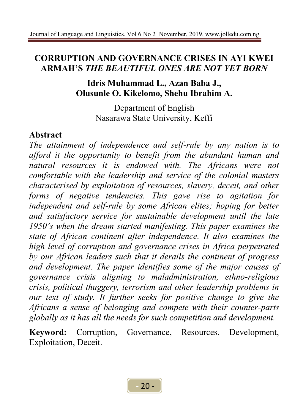 Corruption and Governance Crises in Ayi Kwei Armah's