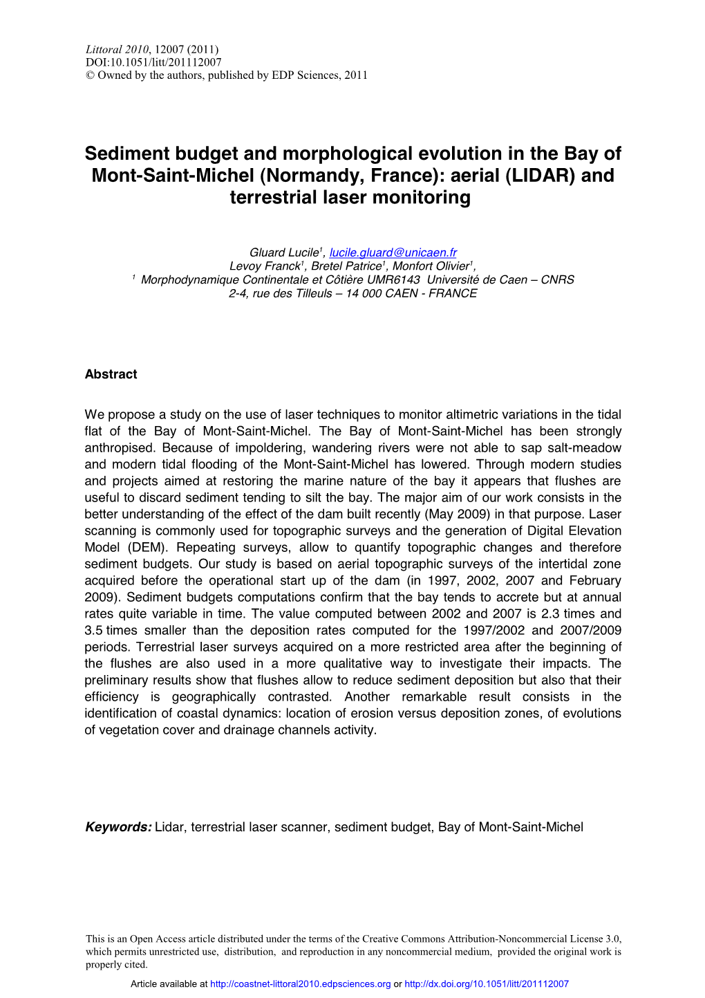 Sediment Budget and Morphological Evolution in the Bay of Mont-Saint-Michel (Normandy, France): Aerial (LIDAR) and Terrestrial Laser Monitoring