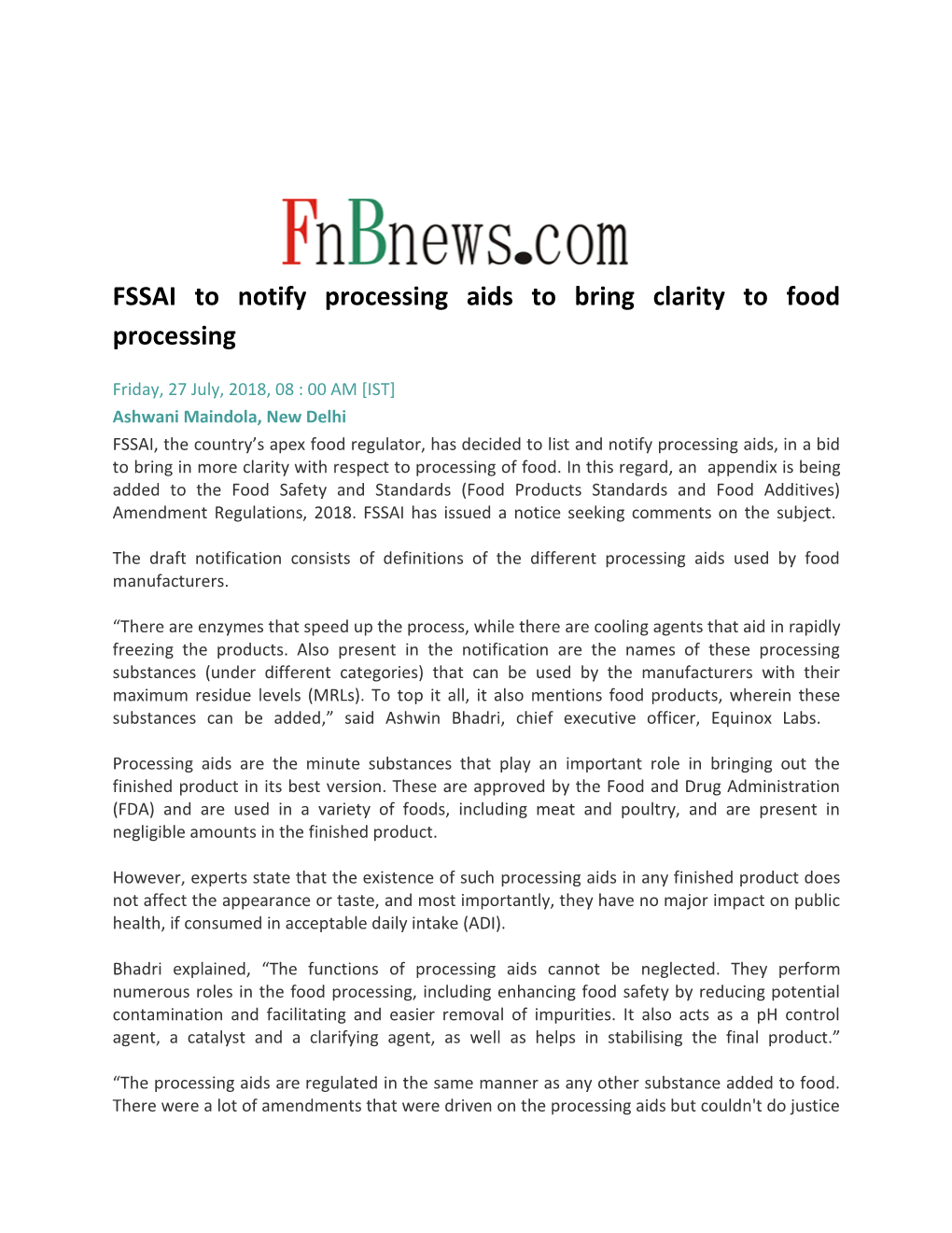 FSSAI to Notify Processing Aids to Bring Clarity to Food Processing