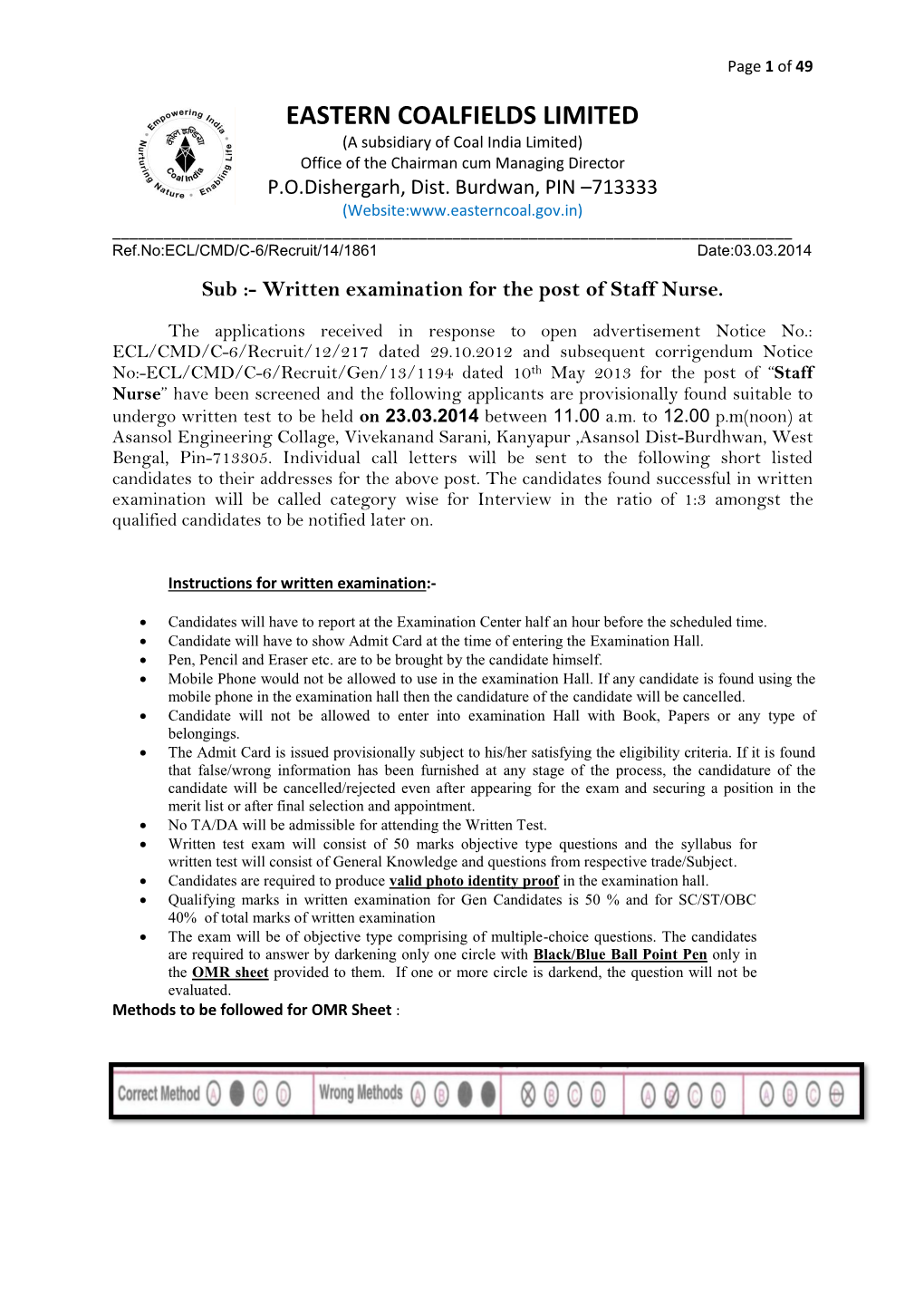 EASTERN COALFIELDS LIMITED (A Subsidiary of Coal India Limited) Office of the Chairman Cum Managing Director P.O.Dishergarh, Dist