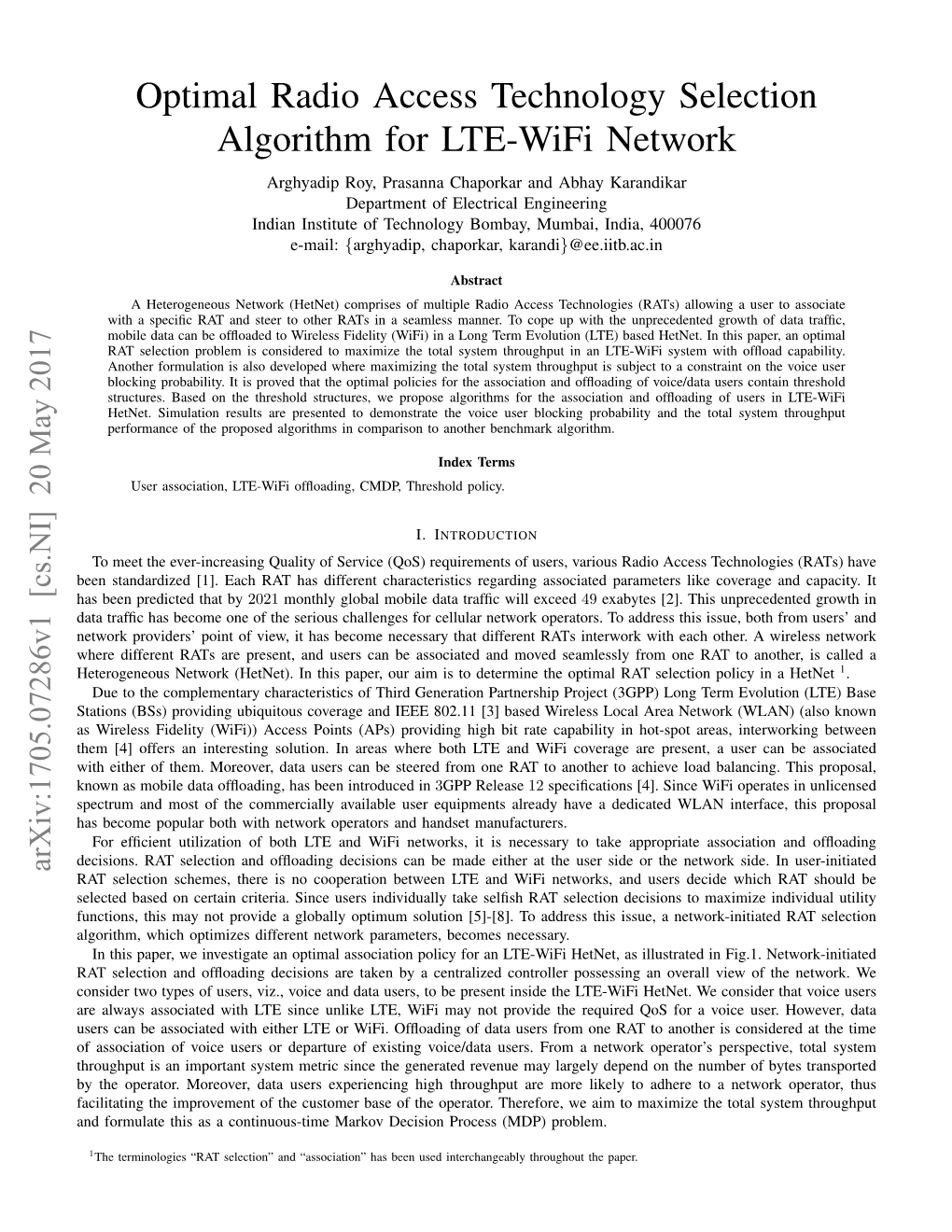 Optimal Radio Access Technology Selection Algorithm for LTE-Wifi