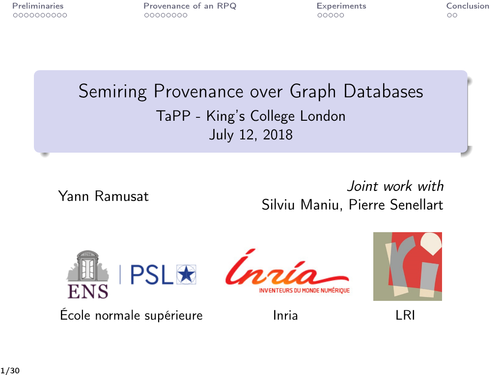 Semiring Provenance Over Graph Databases Tapp - King’S College London July 12, 2018