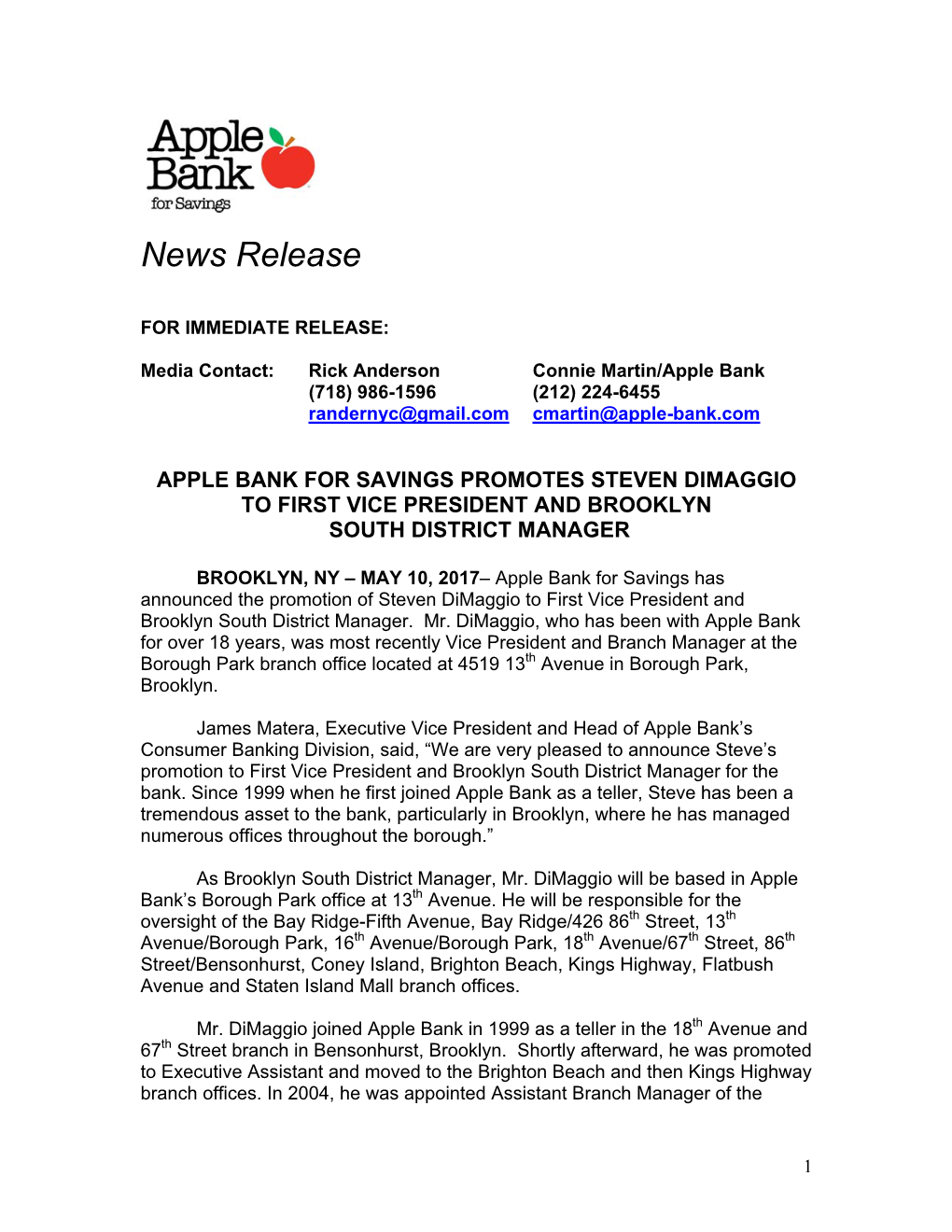 Apple Bank for Savings Promotes Steven Dimaggio to First Vice President and Brooklyn South District Manager