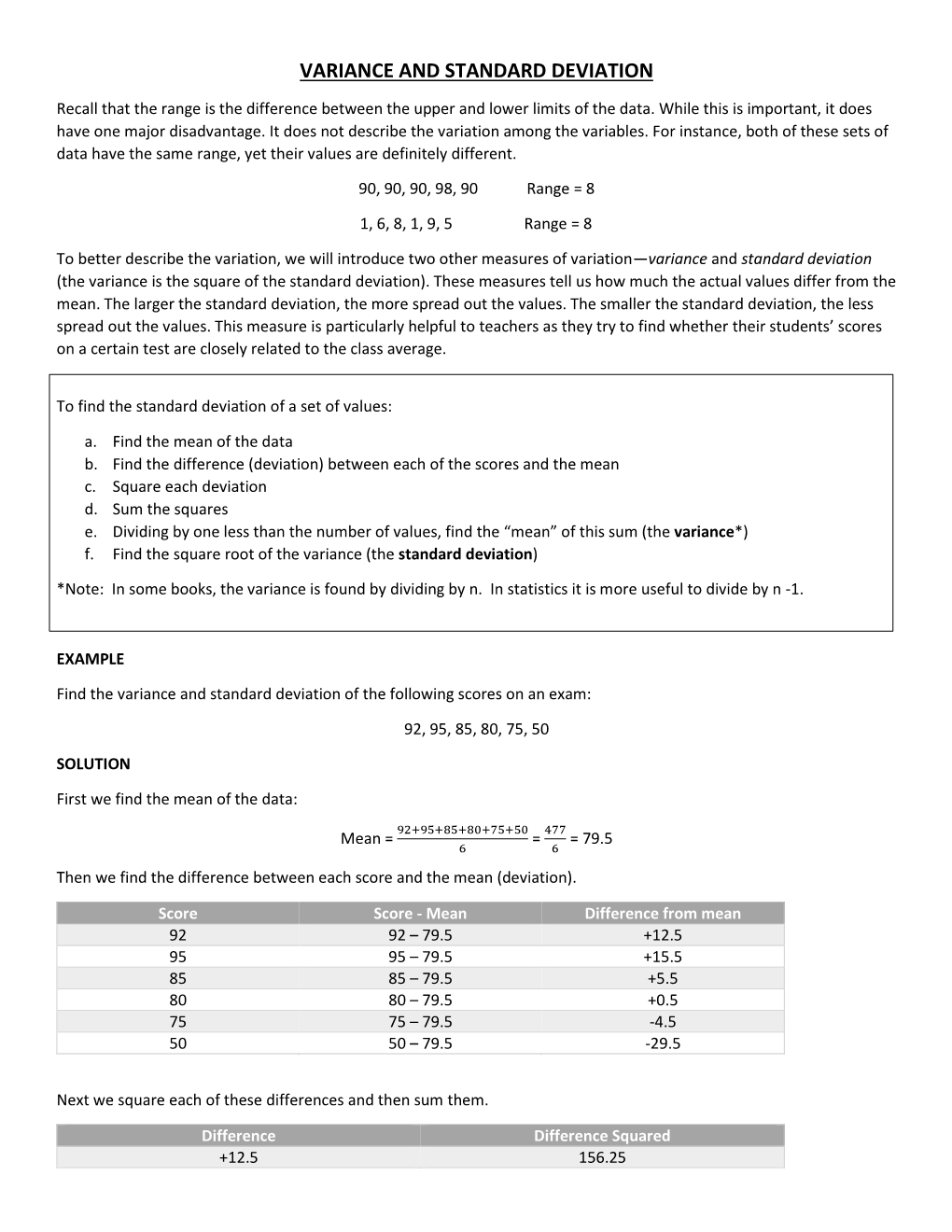 Calculating Variance and Standard Deviation