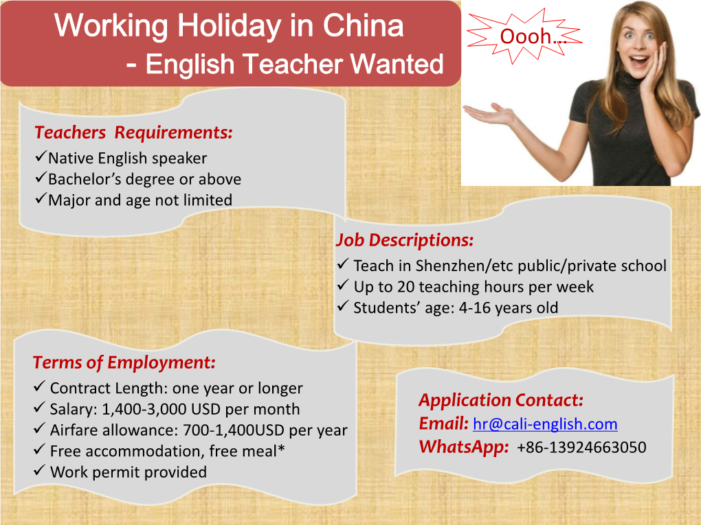 Working Holiday in China Oooh… - English Teacher Wanted