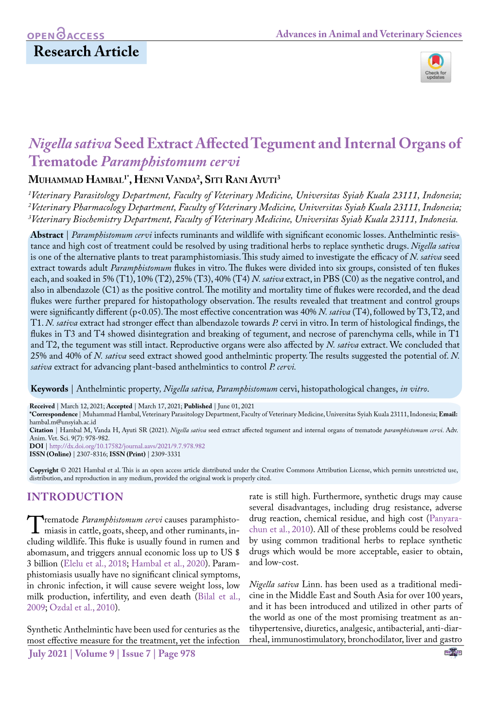 Nigella Sativaseed Extract Affected Tegument and Internal Organs of Trematode Paramphistomum Cervi