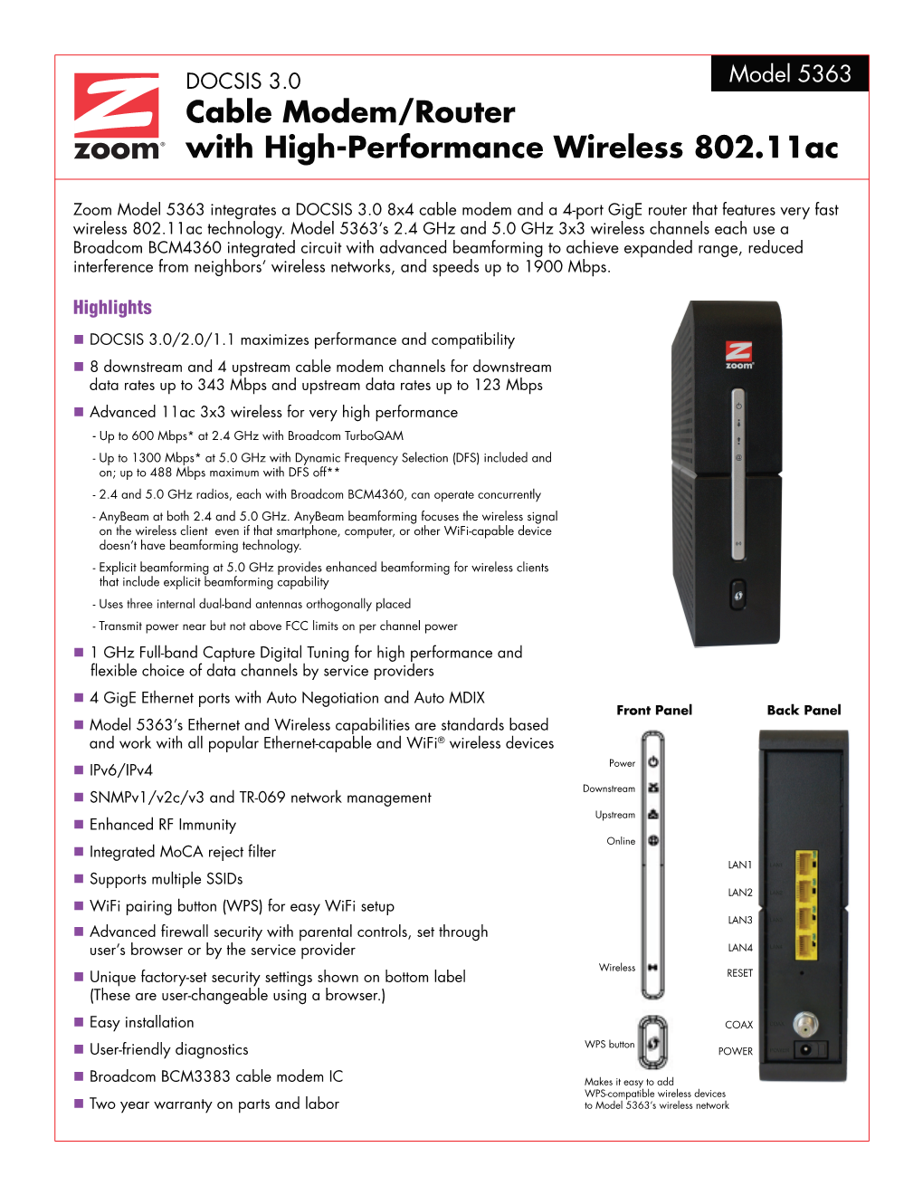 Cable Modem/Router with High-Performance Wireless 802.11Ac