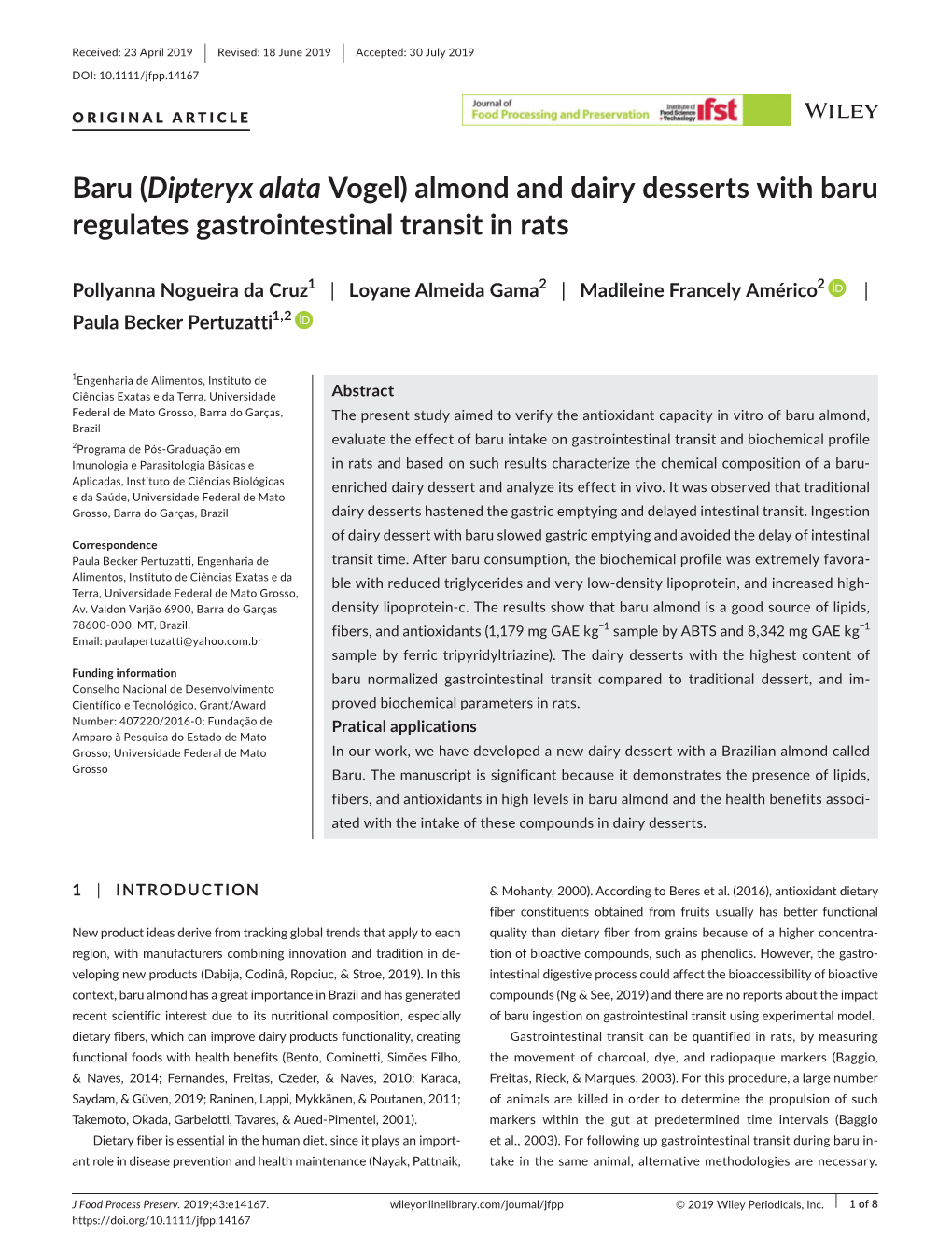 Almond and Dairy Desserts with Baru Regulates Gastrointestinal Transit in Rats