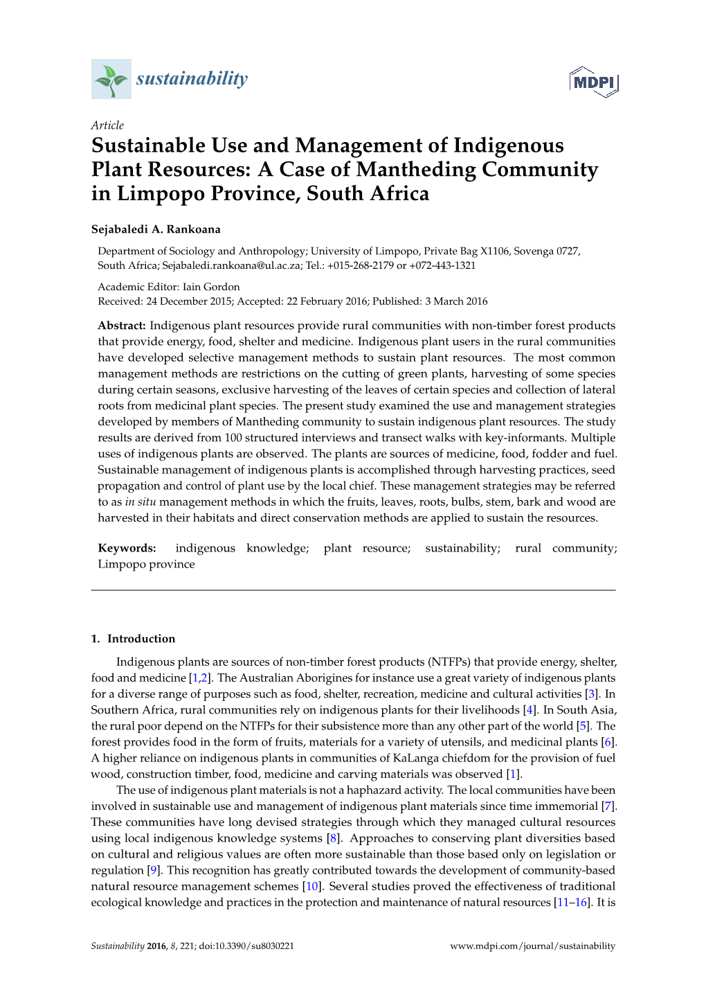 Sustainable Use and Management of Indigenous Plant Resources: a Case of Mantheding Community in Limpopo Province, South Africa