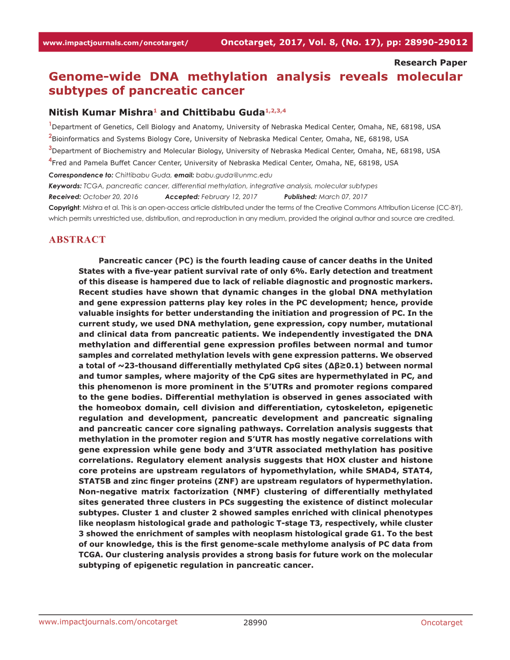 Genome-Wide DNA Methylation Analysis Reveals Molecular Subtypes of Pancreatic Cancer