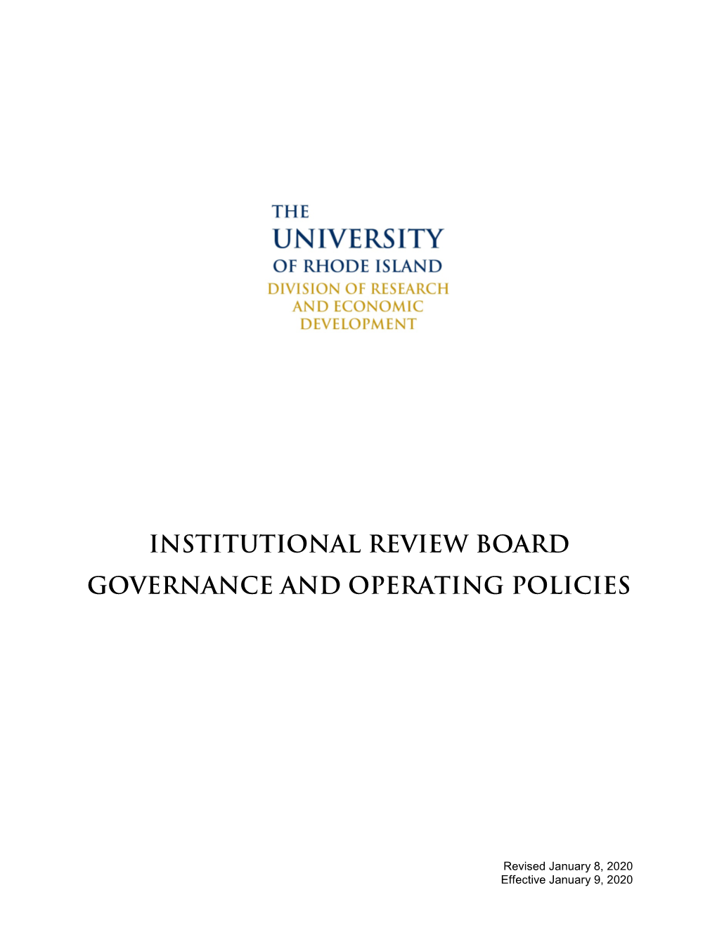 Institutional Review Board Governance and Operating Policies