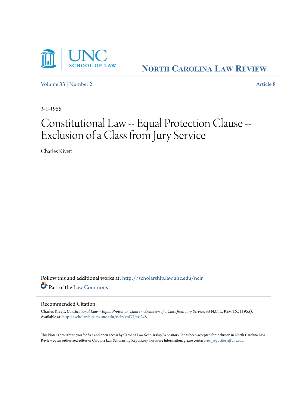 Equal Protection Clause -- Exclusion of a Class from Jury Service Charles Kivett