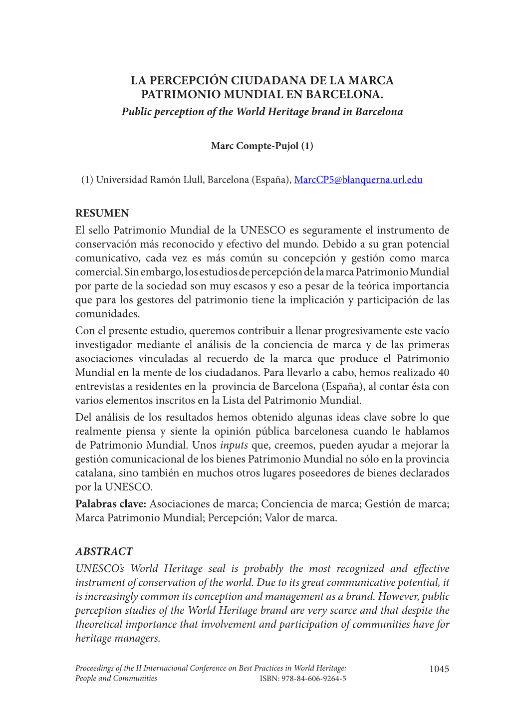 La Percepción Ciudadana De La Marca Patrimonio Mundial En Barcelona