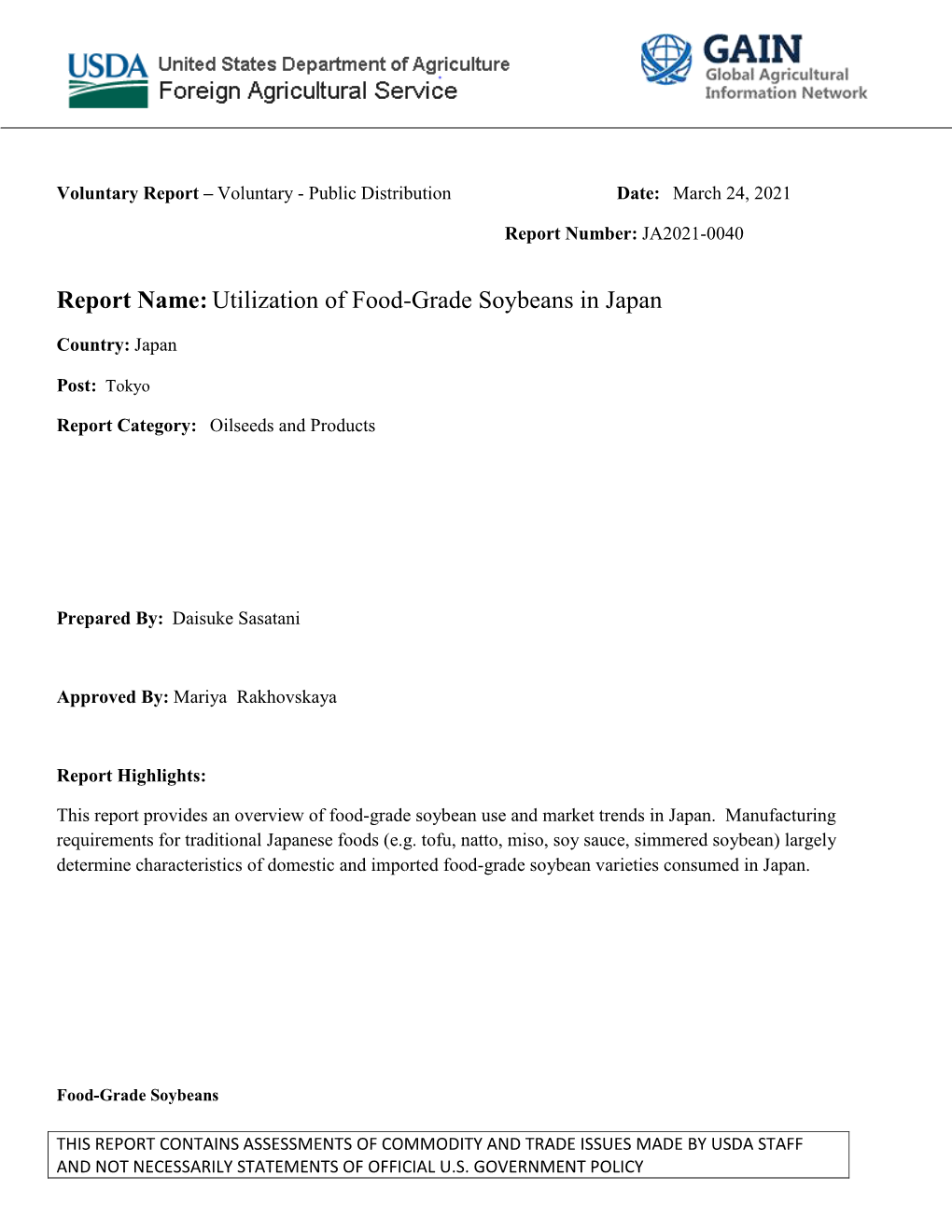 Report Name:Utilization of Food-Grade Soybeans in Japan