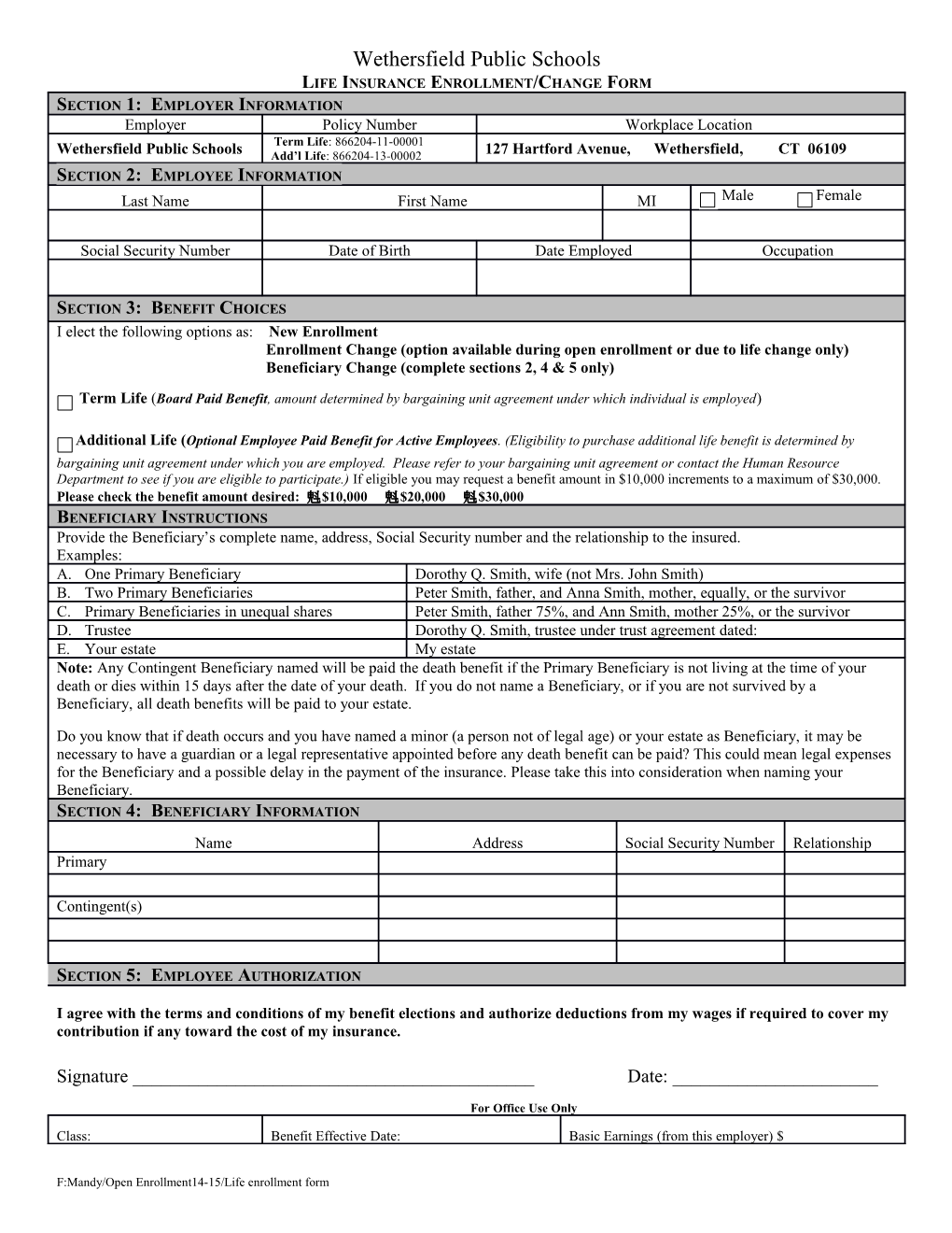 Insurance Enrollment Form