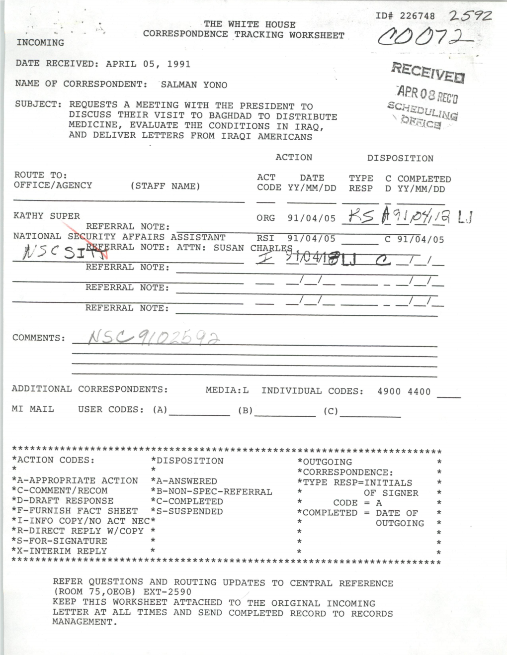 226748 the White House Correspondence Tracking Worksheet Incoming