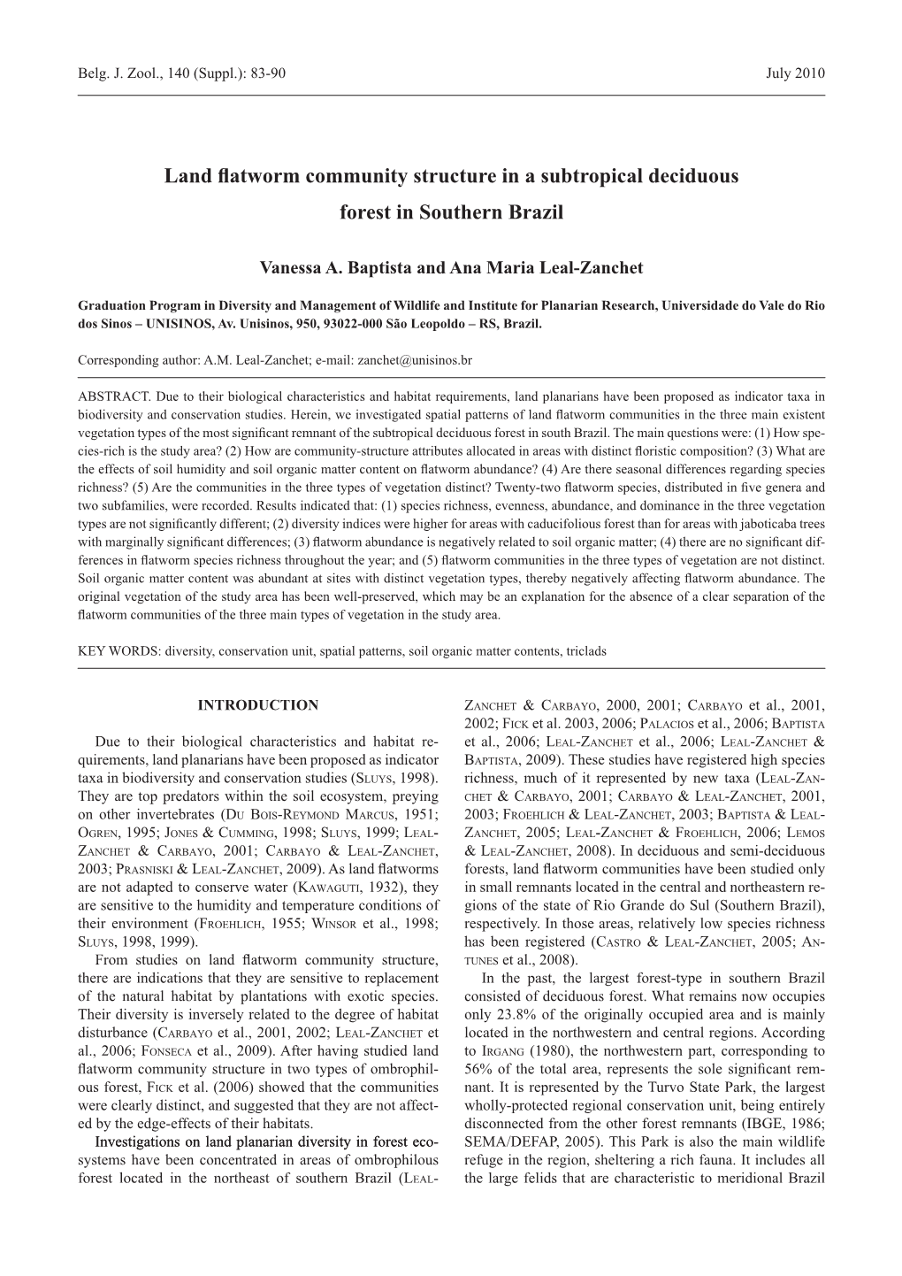 Land Flatworm Community Structure in a Subtropical Deciduous Forest in Southern Brazil