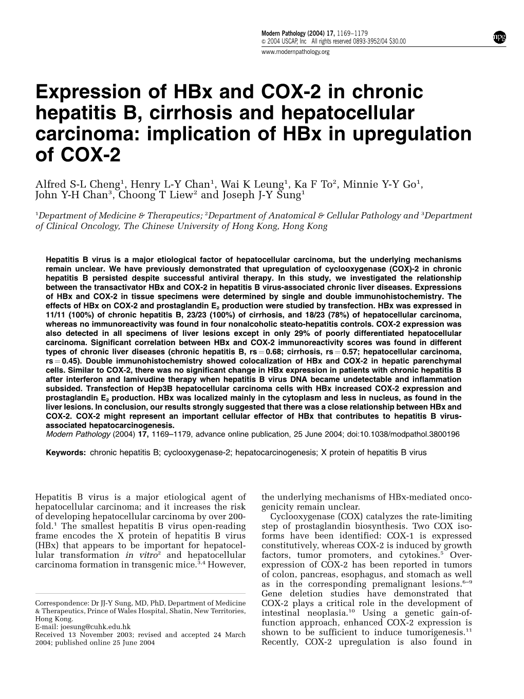 Expression of Hbx and COX-2 in Chronic Hepatitis B, Cirrhosis and Hepatocellular Carcinoma: Implication of Hbx in Upregulation of COX-2