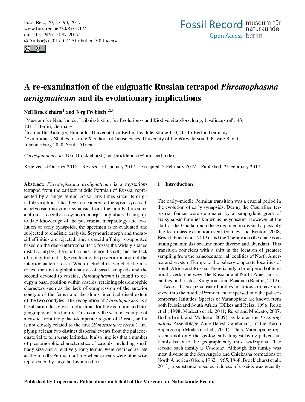 A Re-Examination of the Enigmatic Russian Tetrapod Phreatophasma Aenigmaticum and Its Evolutionary Implications