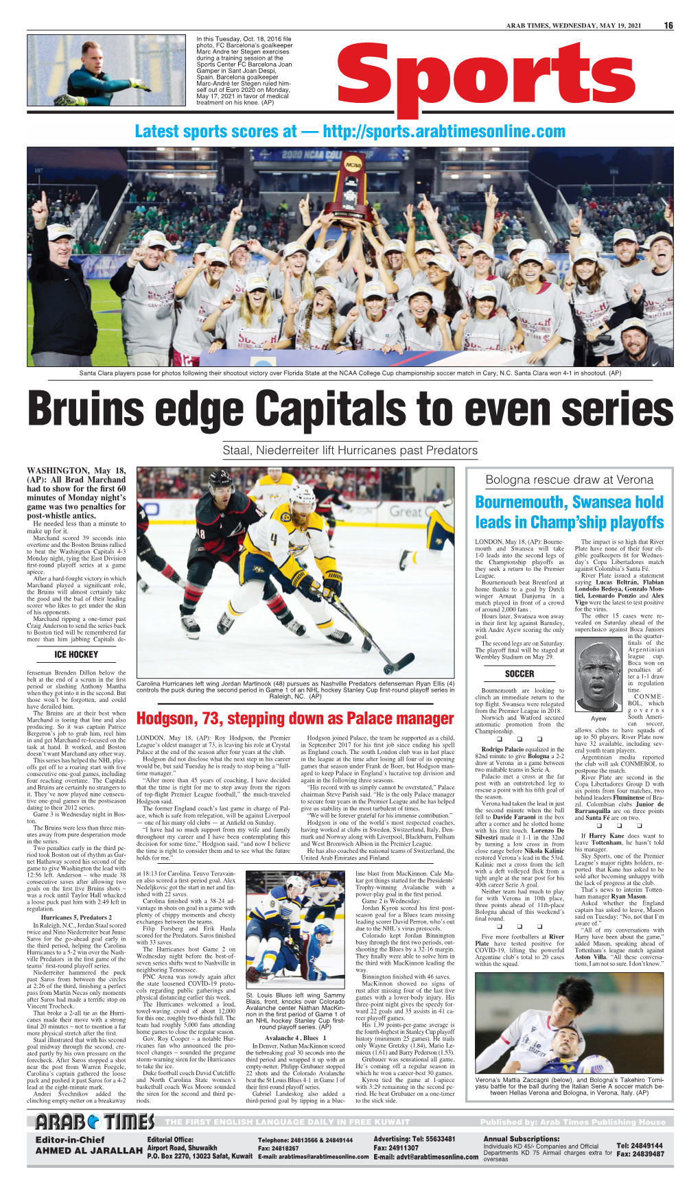Bruins Edge Capitals to Even Series Staal, Niederreiter Lift Hurricanes Past Predators