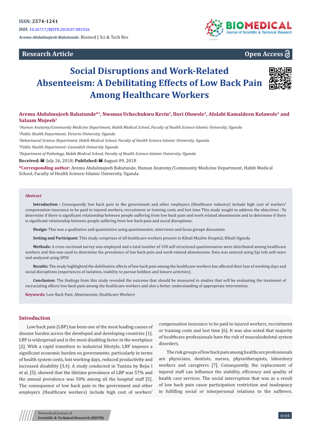 A Debilitating Effects of Low Back Pain Among Healthcare Workers