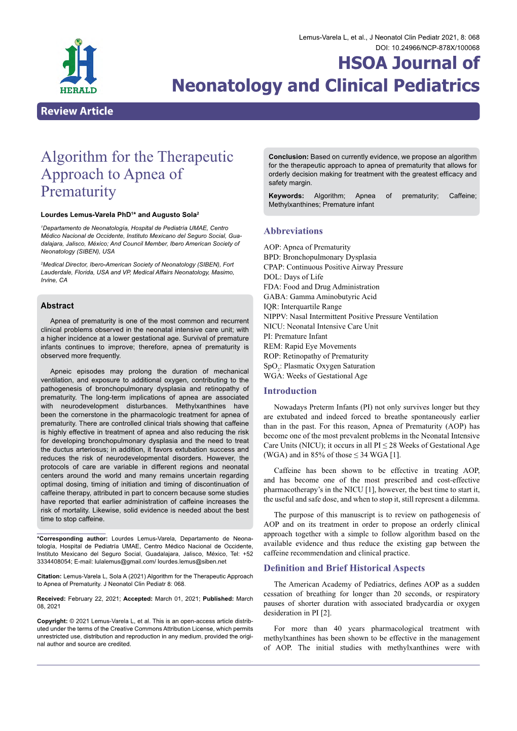 Algorithm for the Therapeutic Approach to Apnea of Prematurity