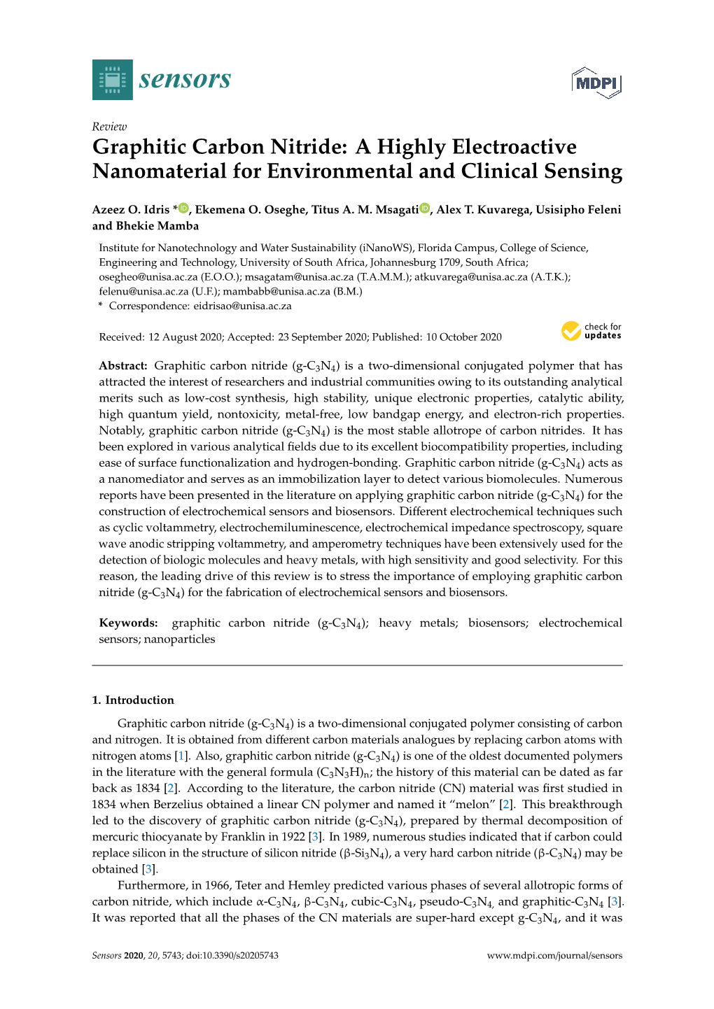 Graphitic Carbon Nitride: a Highly Electroactive Nanomaterial for Environmental and Clinical Sensing