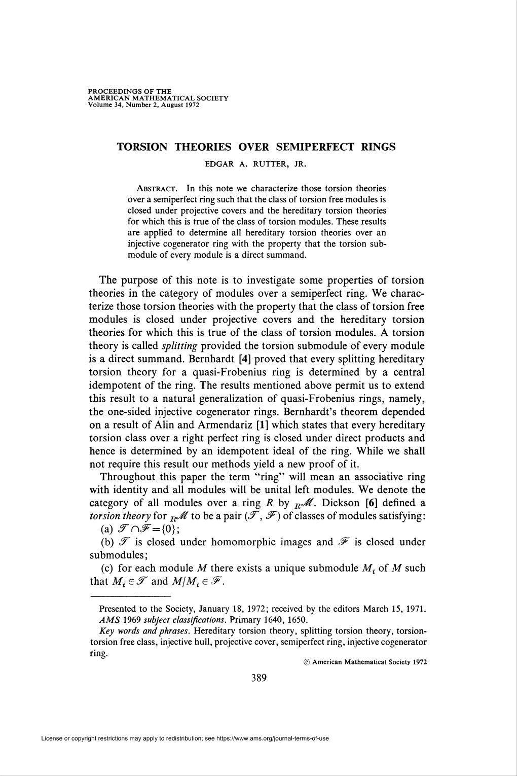 TORSION THEORIES OVER SEMIPERFECT RINGS (A) ¿Rnjs