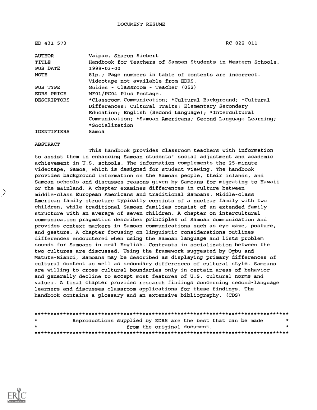 Handbook for Teachers of Samoan Students in Western Schools. PUB DATE 1999-03-00 NOTE 81P.; Page Numbers in Table of Contents Are Incorrect