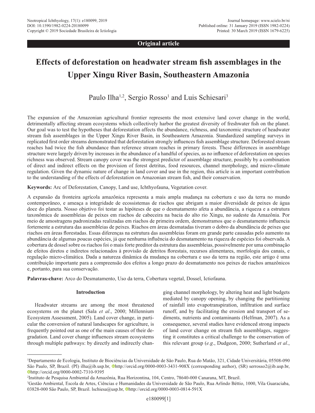 Effects of Deforestation on Headwater Stream Fish Assemblages in the Upper Xingu River Basin, Southeastern Amazonia