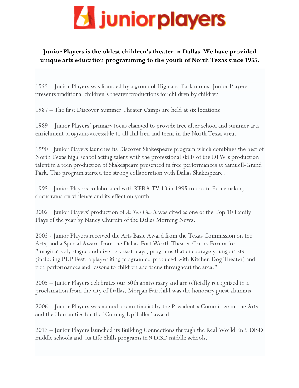 Junior Players Is the Oldest Children's Theater in Dallas. We Have Provided Unique Arts Education Programming to the Youth of North Texas Since 1955