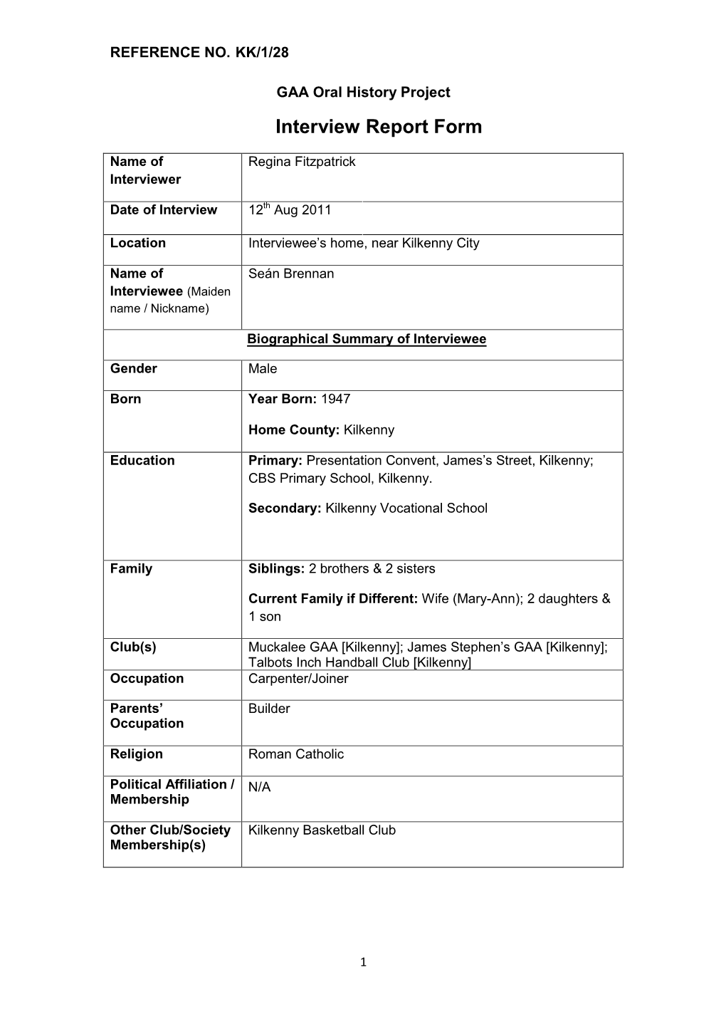 GAA Oral History Project Interview Report Form