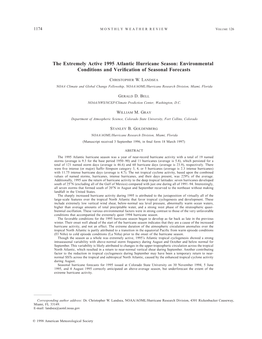 The Extremely Active 1995 Atlantic Hurricane Season: Environmental Conditions and Veri®Cation of Seasonal Forecasts