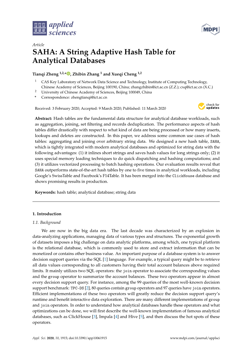 SAHA: a String Adaptive Hash Table for Analytical Databases