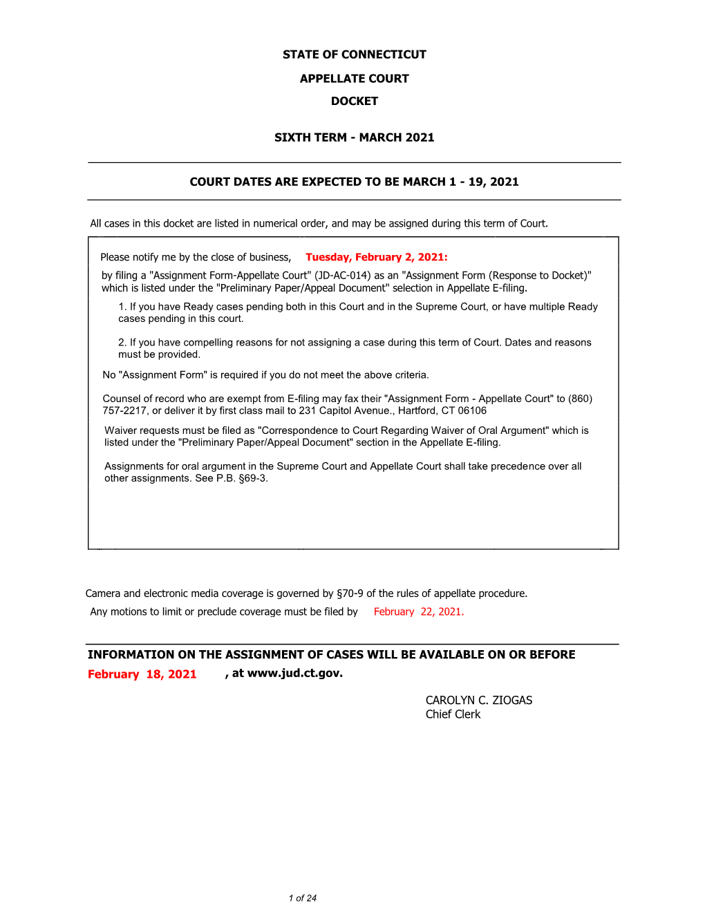 State of Connecticut Appellate Court Docket Sixth Term